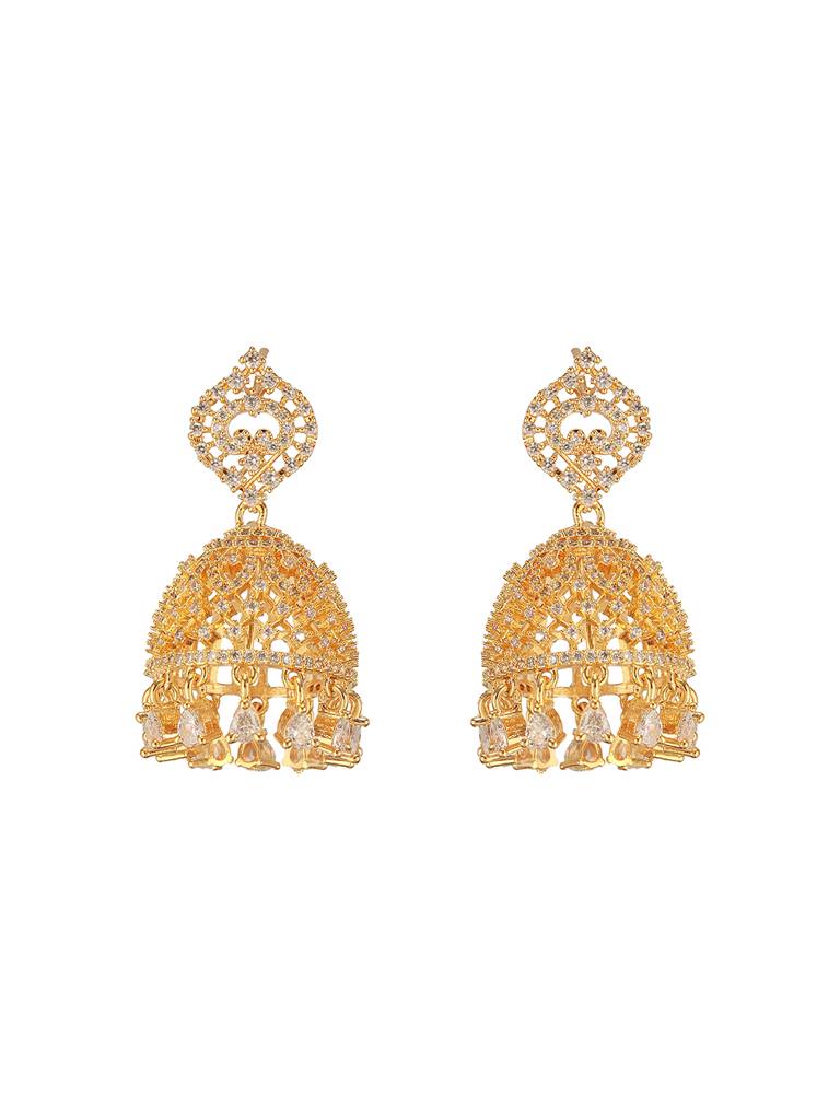 Gold Plated Cubic Zircon Studded Statement Jhumka Earrings : SJER2670