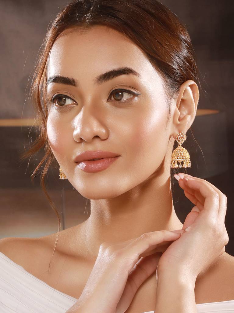 Gold Plated Cubic Zircon Studded Statement Jhumka Earrings : SJER2670