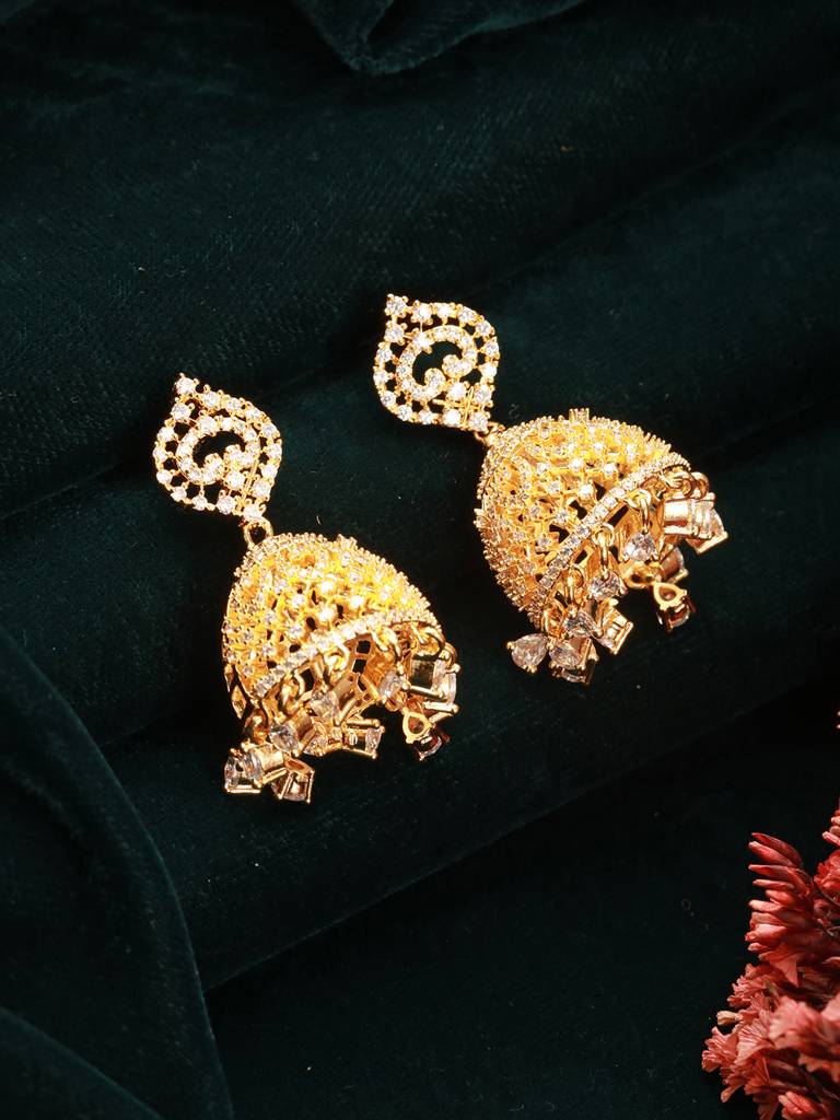 Gold Plated Cubic Zircon Studded Statement Jhumka Earrings : SJER2670