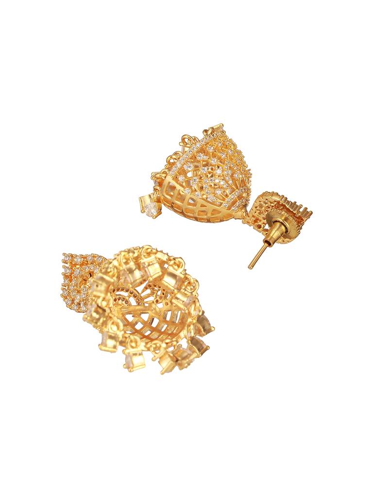 Gold Plated Cubic Zircon Studded Statement Jhumka Earrings : SJER2670