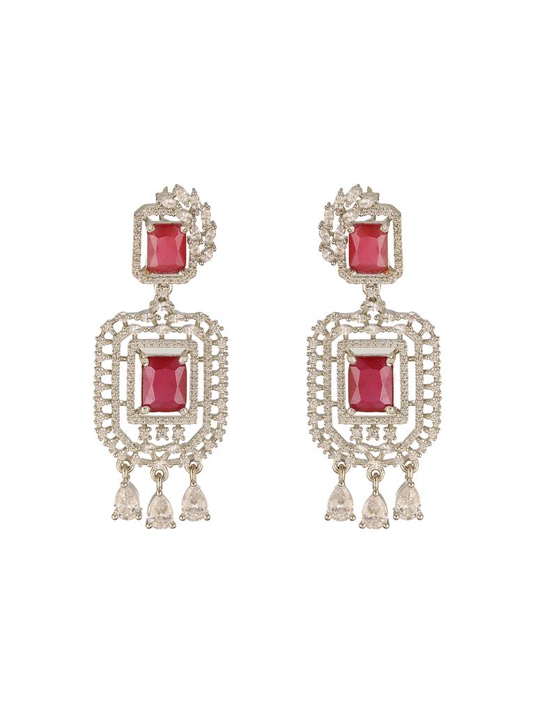 Silver Toned Red Ruby Studded Elegant Cocktail Drop Earrings : SJER2671