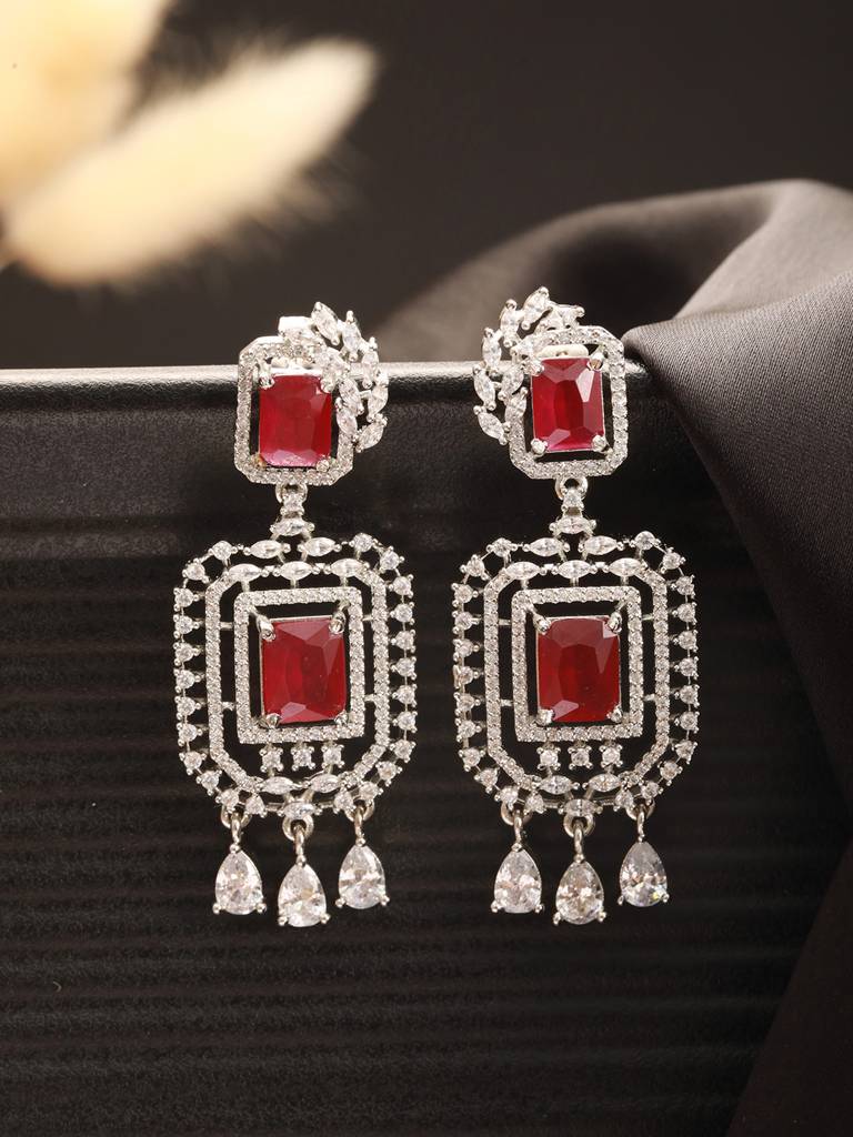 Silver Toned Red Ruby Studded Elegant Cocktail Drop Earrings : SJER2671
