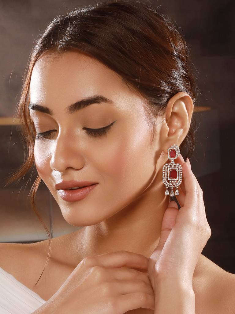 Silver Toned Red Ruby Studded Elegant Cocktail Drop Earrings : SJER2671