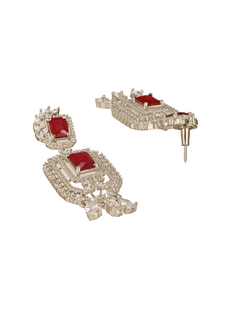 Silver Toned Red Ruby Studded Elegant Cocktail Drop Earrings : SJER2671