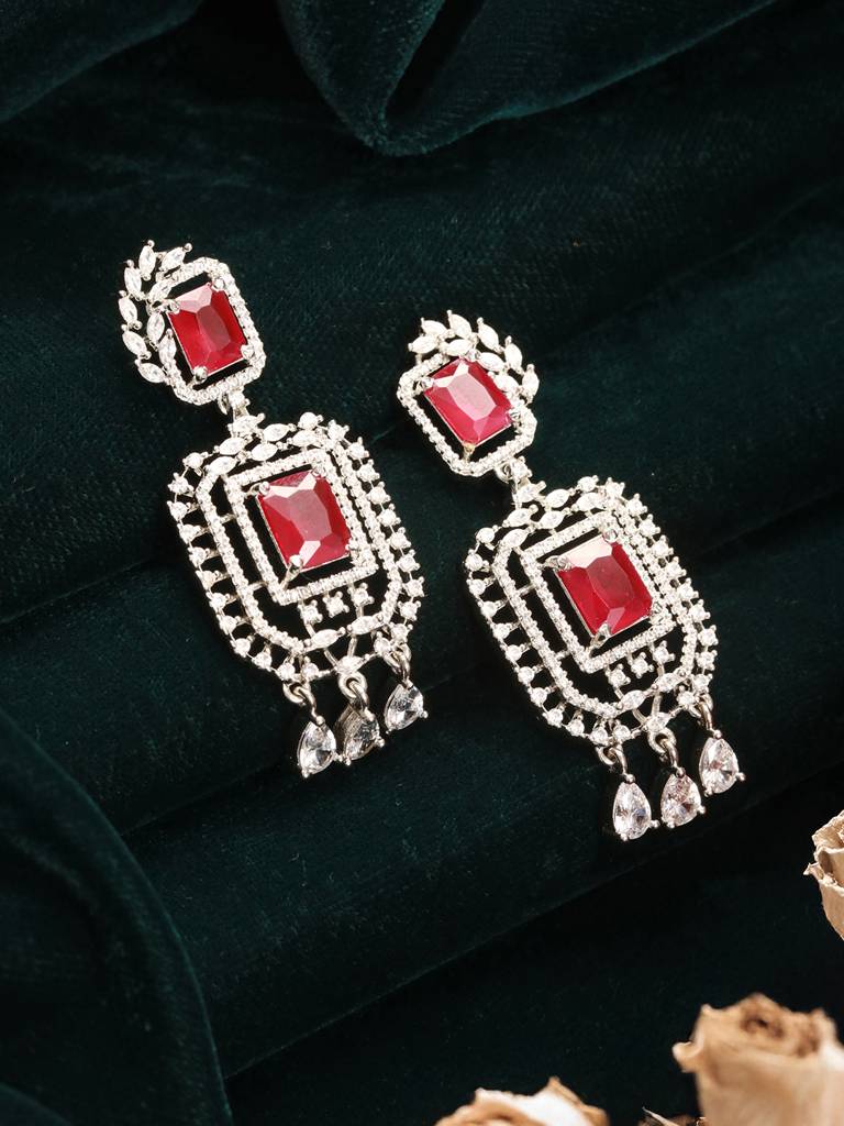 Silver Toned Red Ruby Studded Elegant Cocktail Drop Earrings : SJER2671