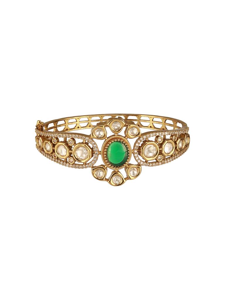 Gold Polish  Green Emerald Kundan  Mossanaite Studded  Floral Openable Kada Bracelet : SJBR2672