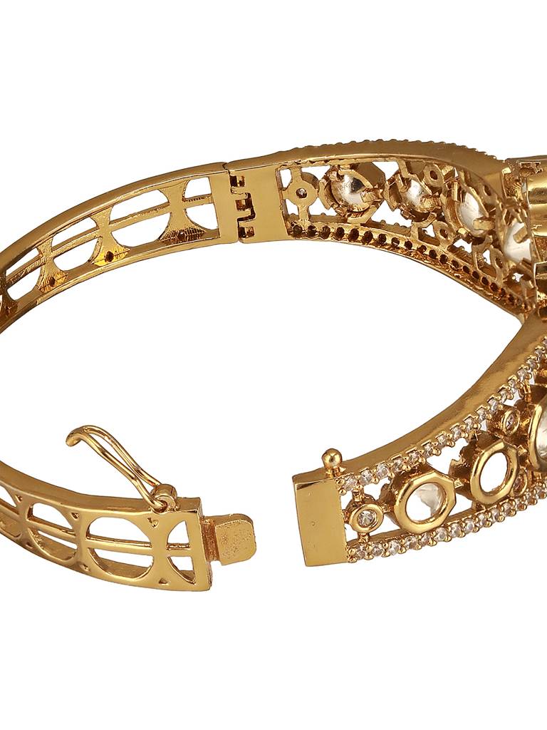 Gold Polish  Green Emerald Kundan  Mossanaite Studded  Floral Openable Kada Bracelet : SJBR2672