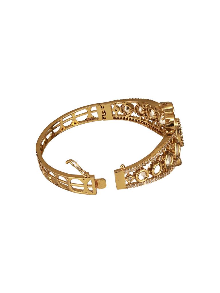 Gold Polish  Green Emerald Kundan  Mossanaite Studded  Floral Openable Kada Bracelet : SJBR2672