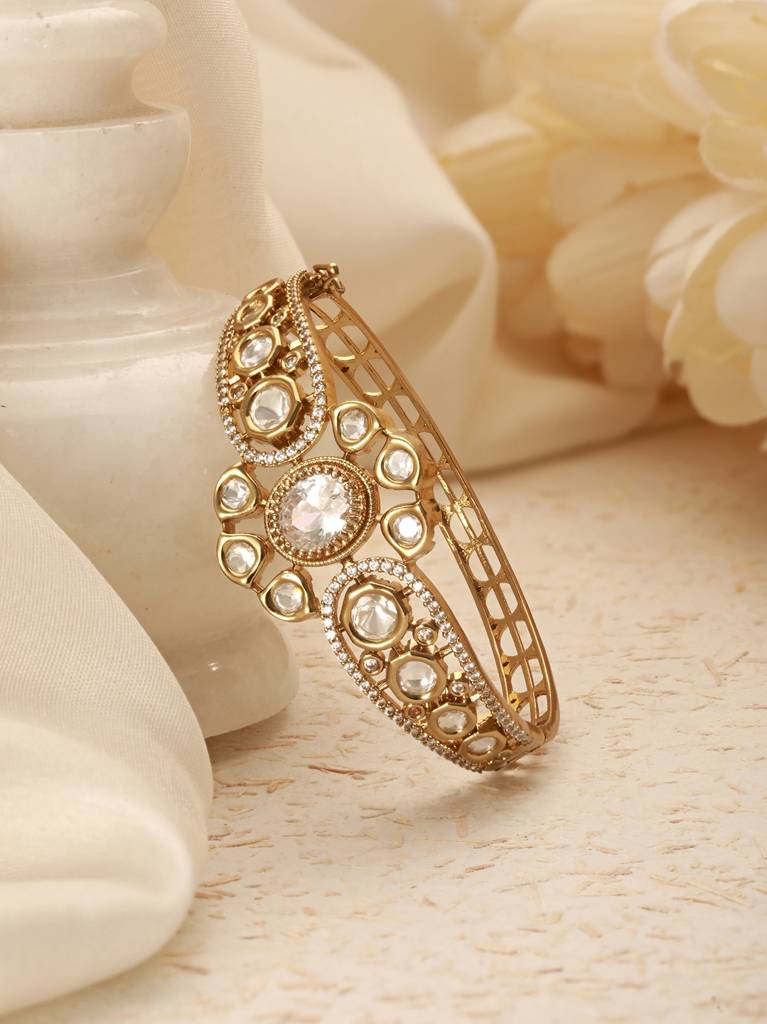 Gold Polish White Kundan Mossanaite Studded Floral Openable Kada