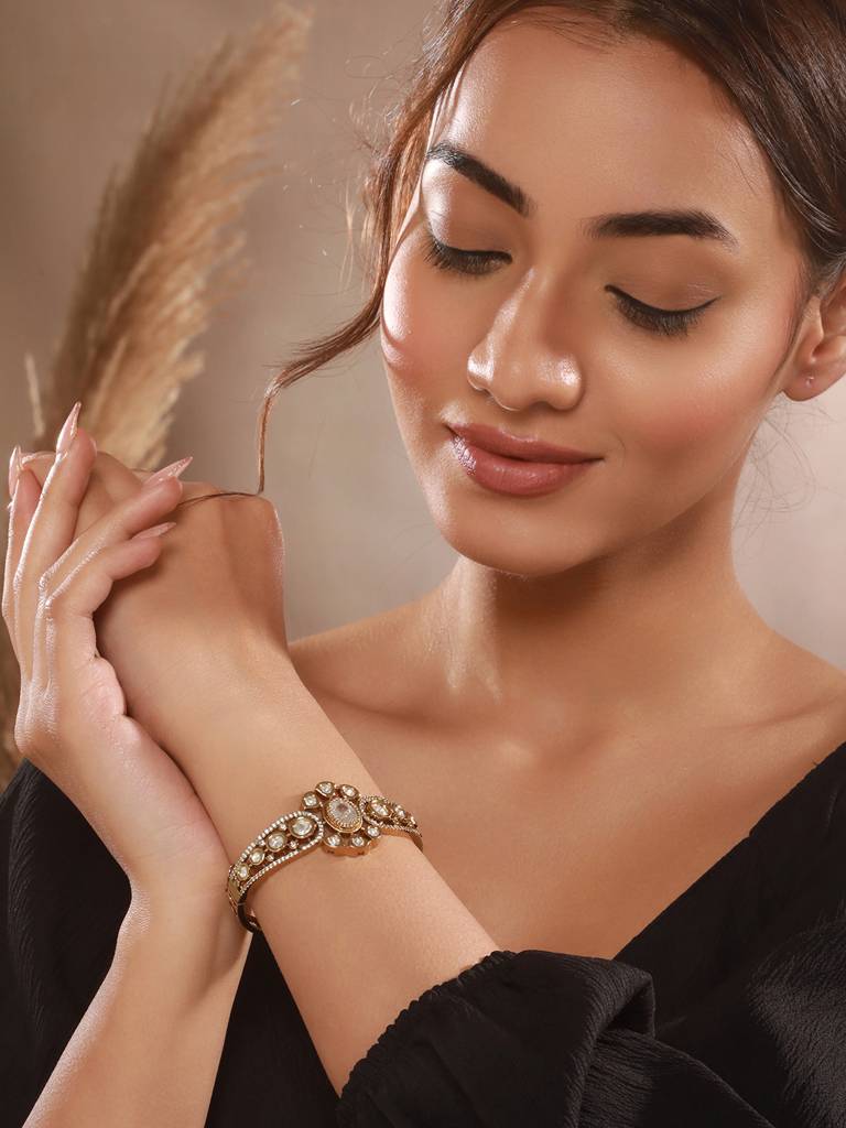 Gold Polish White Kundan Mossanaite Studded Floral Openable Kada Bracelet : SJBR2673