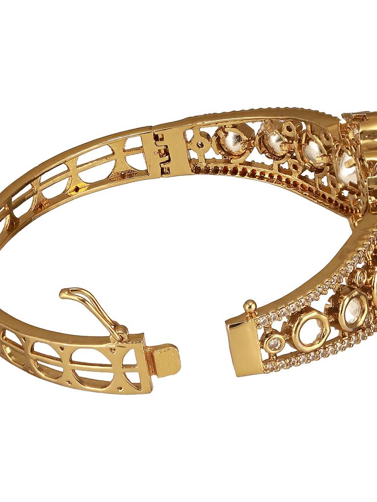 Gold Polish White Kundan Mossanaite Studded Floral Openable Kada Bracelet : SJBR2673