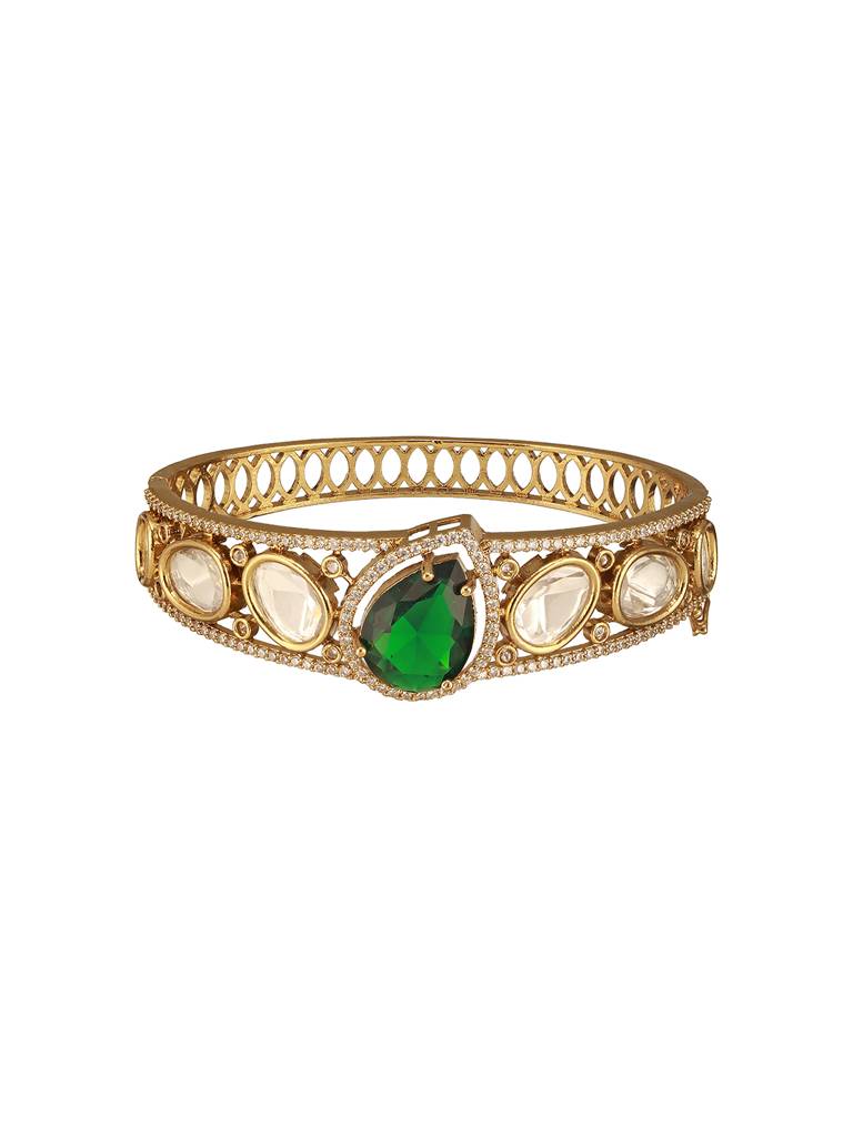 Gold Polish Green Emerald Kundan Mossanaite Studded Tilak Shaped Openable Kada Bracelet : SJBR2674