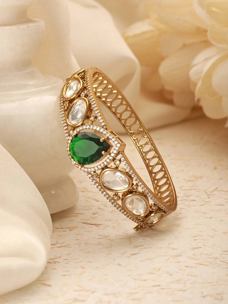 Gold Polish Green Emerald Kundan Mossanaite Studded Tilak Shaped
