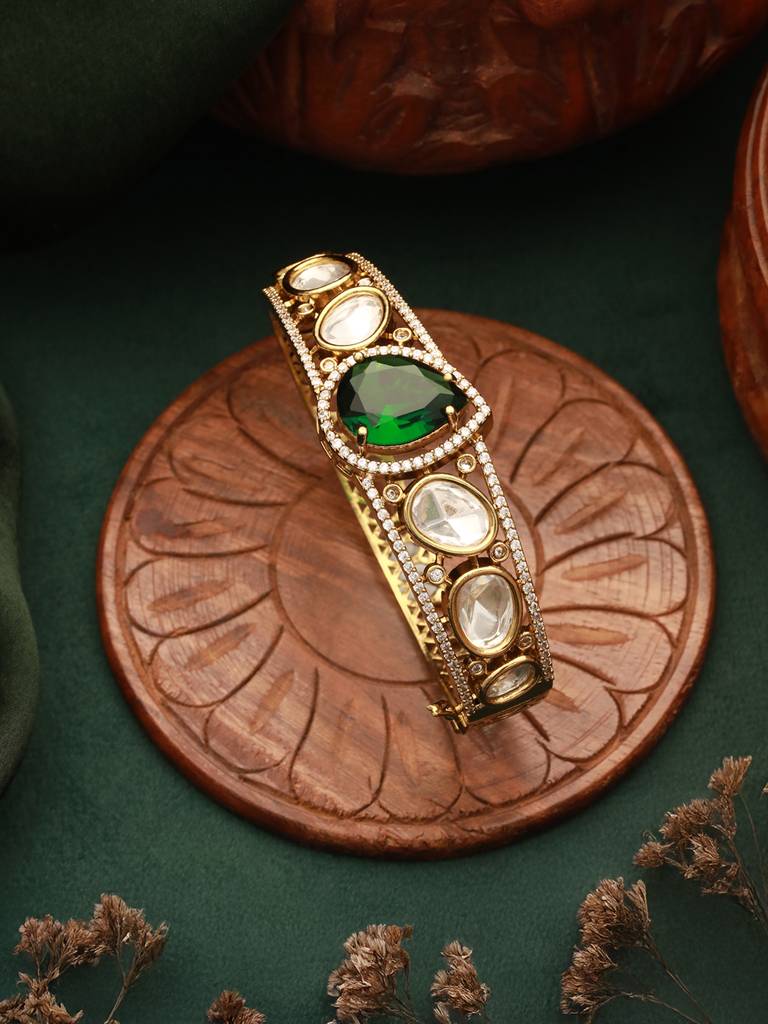 Gold Polish Green Emerald Kundan Mossanaite Studded Tilak Shaped Openable Kada Bracelet : SJBR2674