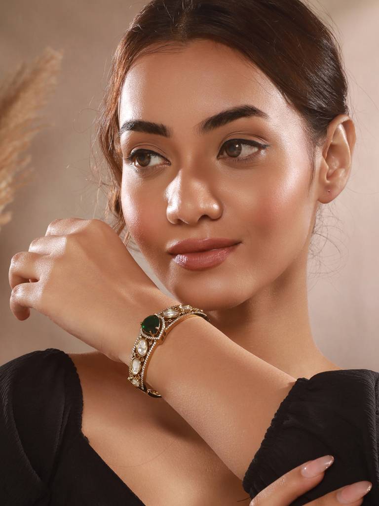Gold Polish Green Emerald Kundan Mossanaite Studded Tilak Shaped Openable Kada Bracelet : SJBR2674