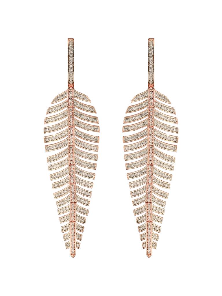 Rose Gold Toned White Zircon Studded Statement Feather Dangling Earrings : SJER2677