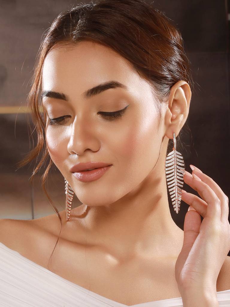 Rose Gold Toned White Zircon Studded Statement Feather Dangling Earrings : SJER2677