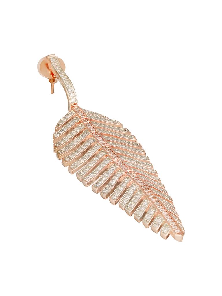 Rose Gold Toned White Zircon Studded Statement Feather Dangling Earrings : SJER2677