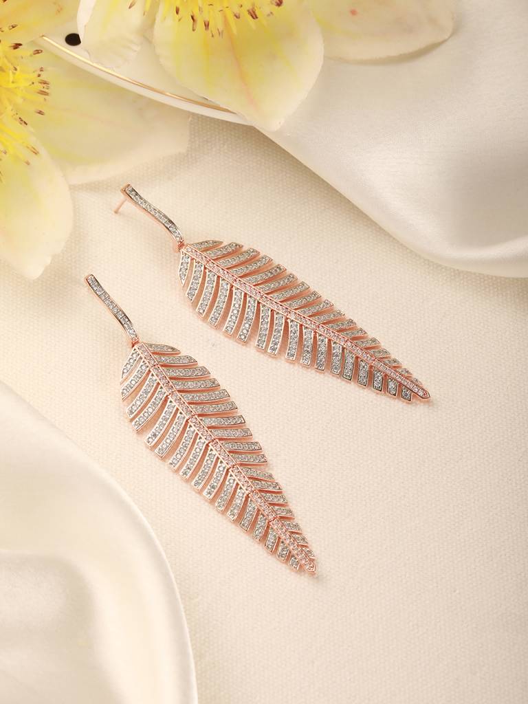 Rose Gold Toned White Zircon Studded Statement Feather Dangling Earrings : SJER2677