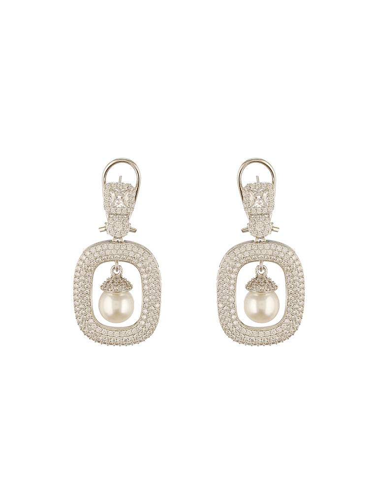 Silver Plated Ad Studded Geometric Link  Pearl Charm Dangling Earrings : SJER2678