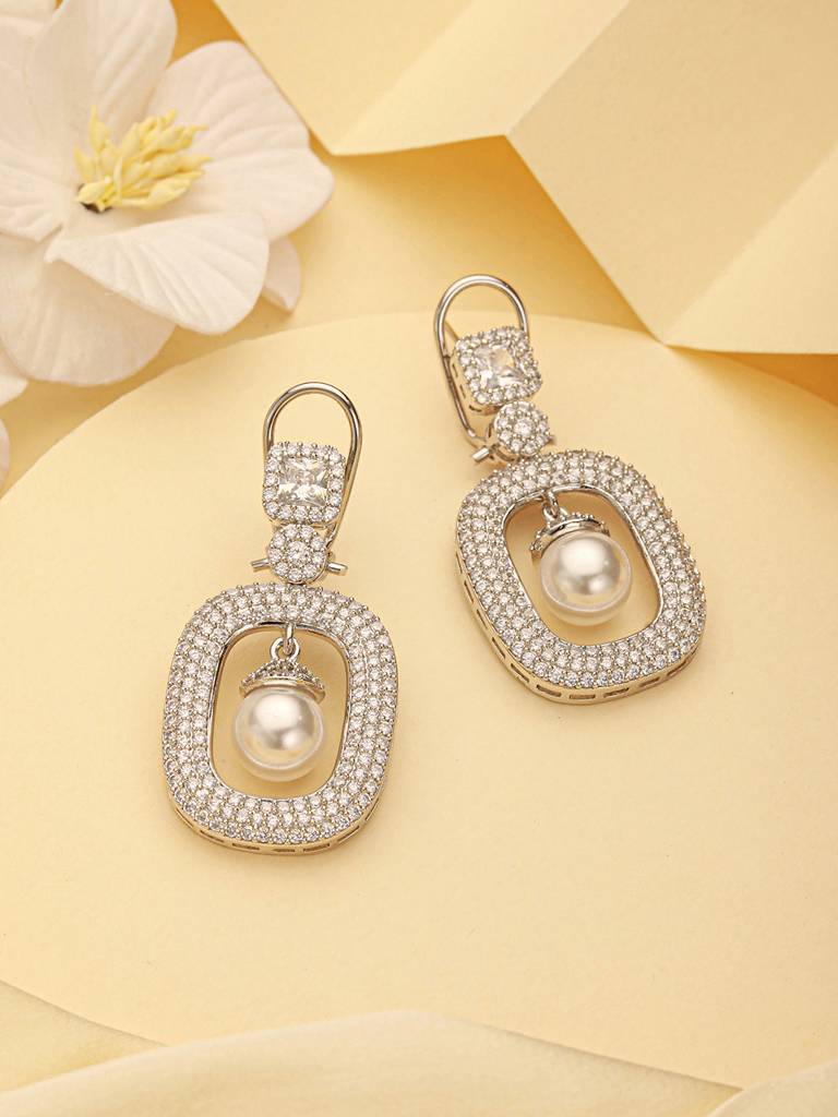 Eternz Certified Jewellery - Saraf RS Jewellery Silver Plated Ad Studded Geometric Link Pearl Charm Dangling Earrings