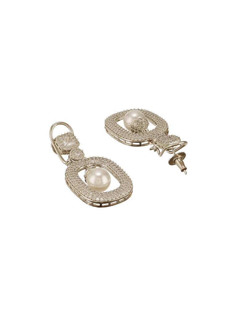 Silver Plated Ad Studded Geometric Link  Pearl Charm Dangling Earrings : SJER2678