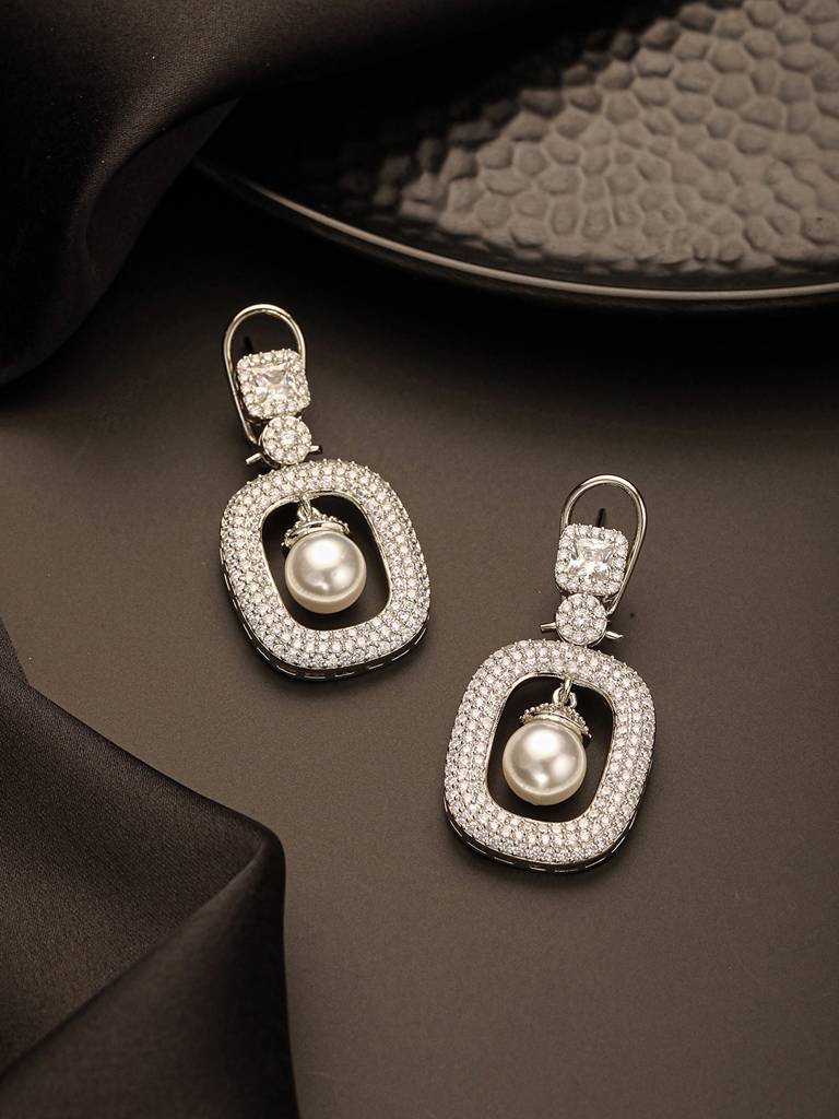 Silver Plated Ad Studded Geometric Link  Pearl Charm Dangling Earrings : SJER2678
