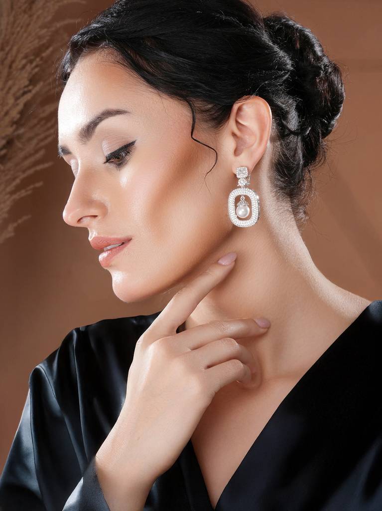 Silver Plated Ad Studded Geometric Link  Pearl Charm Dangling Earrings : SJER2678