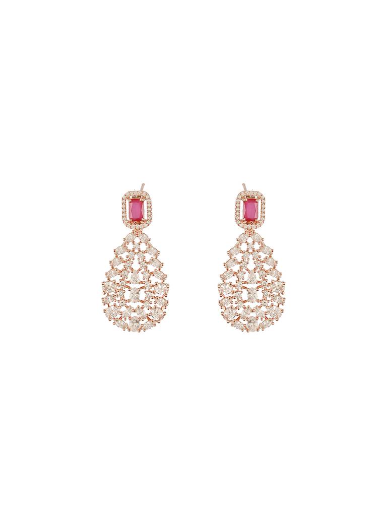 Rose Gold Plated Ruby Red Ad Studded Luxe Drop Earrings : SJER2679