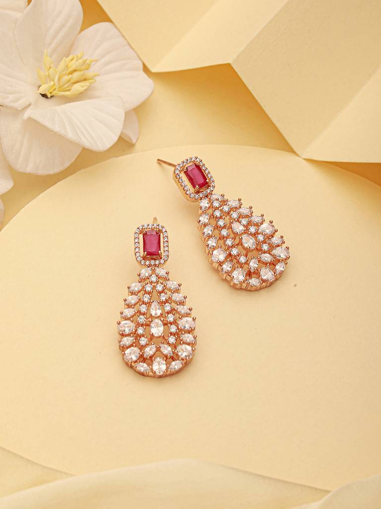 Rose Gold Plated Ruby Red Ad Studded Luxe Drop Earrings Brass Red