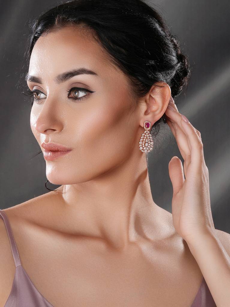 Rose Gold Plated Ruby Red Ad Studded Luxe Drop Earrings : SJER2679