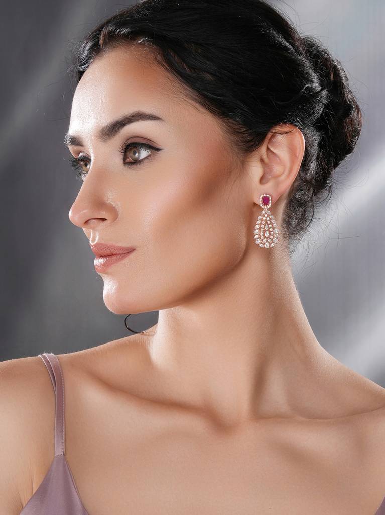 Rose Gold Plated Ruby Red Ad Studded Luxe Drop Earrings : SJER2679