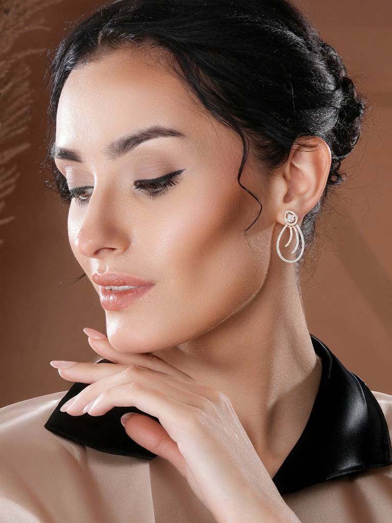 Rose Gold Plated Ad Studded Pear Shaped Drop Earrings : SJER2680