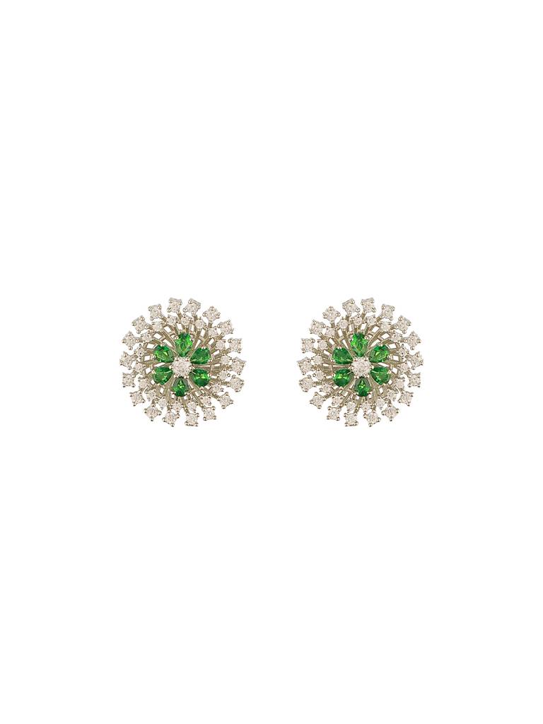 White Rhodium Green Emerald  Studded Floral Design Solar Statement Studds Earrings : SJER2681