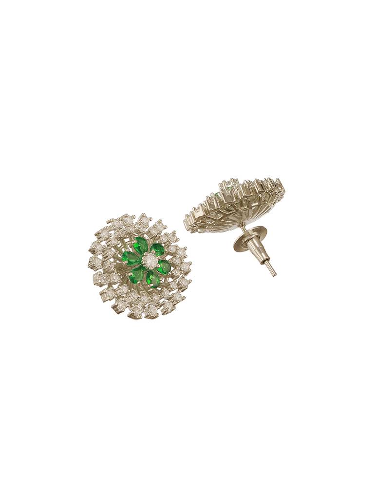 White Rhodium Green Emerald  Studded Floral Design Solar Statement Studds Earrings : SJER2681