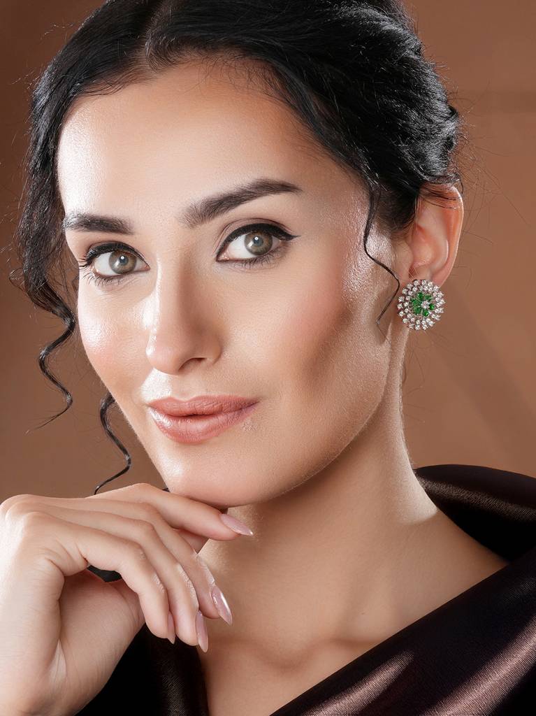 White Rhodium Green Emerald  Studded Floral Design Solar Statement Studds Earrings : SJER2681