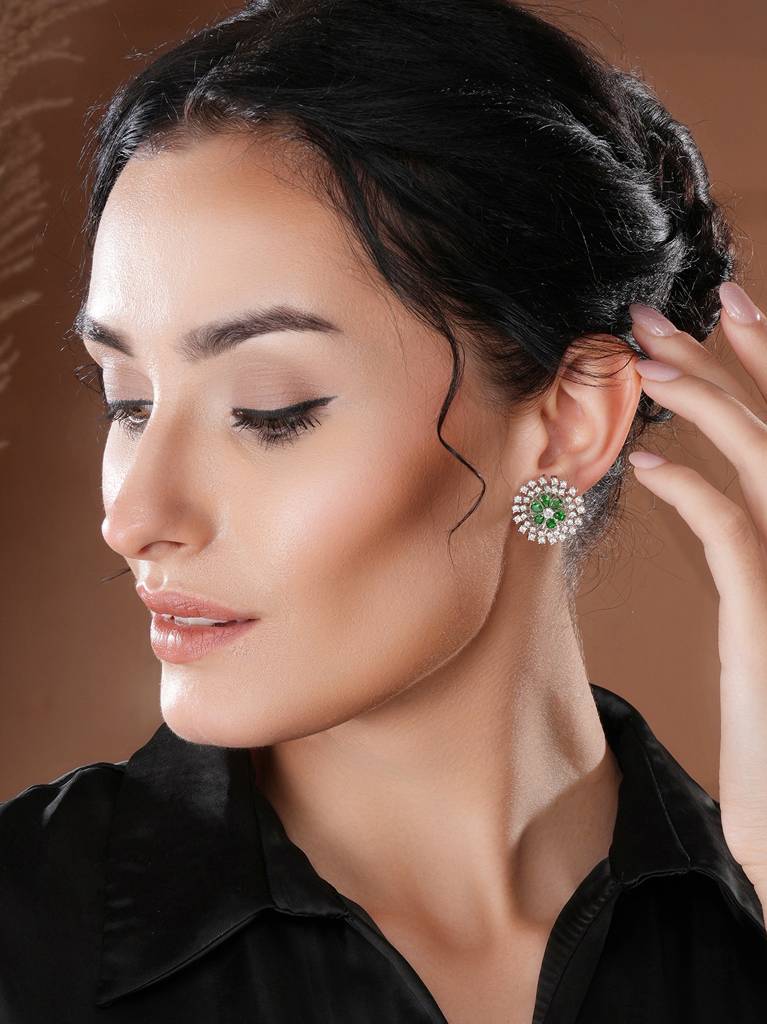 White Rhodium Green Emerald  Studded Floral Design Solar Statement Studds Earrings : SJER2681