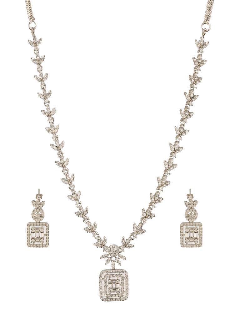 White Rhodium Cubic  Zircon Studded Delicate Square Pendant  Necklace Jewellery  Set : SJNK2683