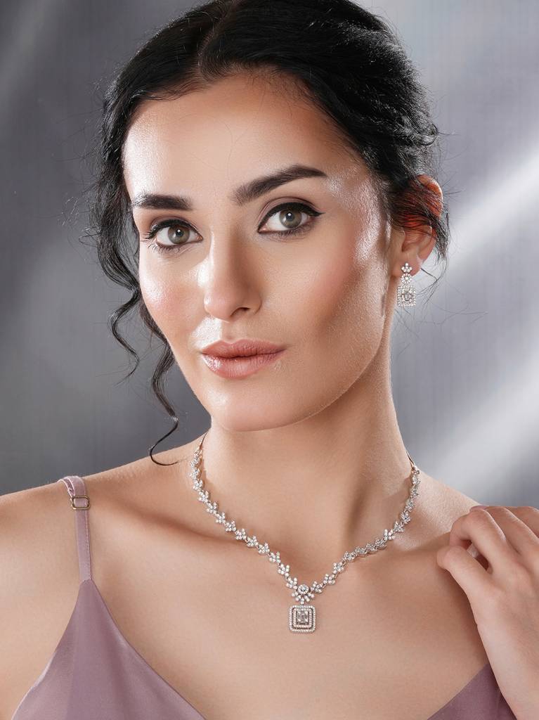 White Rhodium Cubic  Zircon Studded Delicate Square Pendant  Necklace Jewellery  Set : SJNK2683