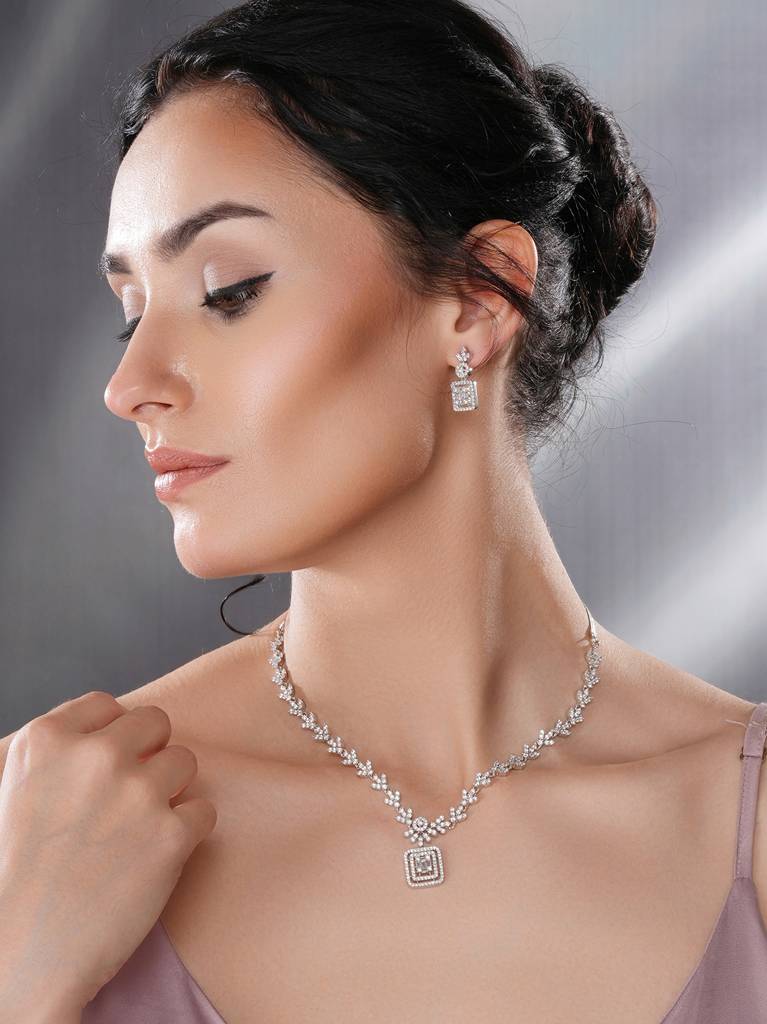 White Rhodium Cubic  Zircon Studded Delicate Square Pendant  Necklace Jewellery  Set : SJNK2683