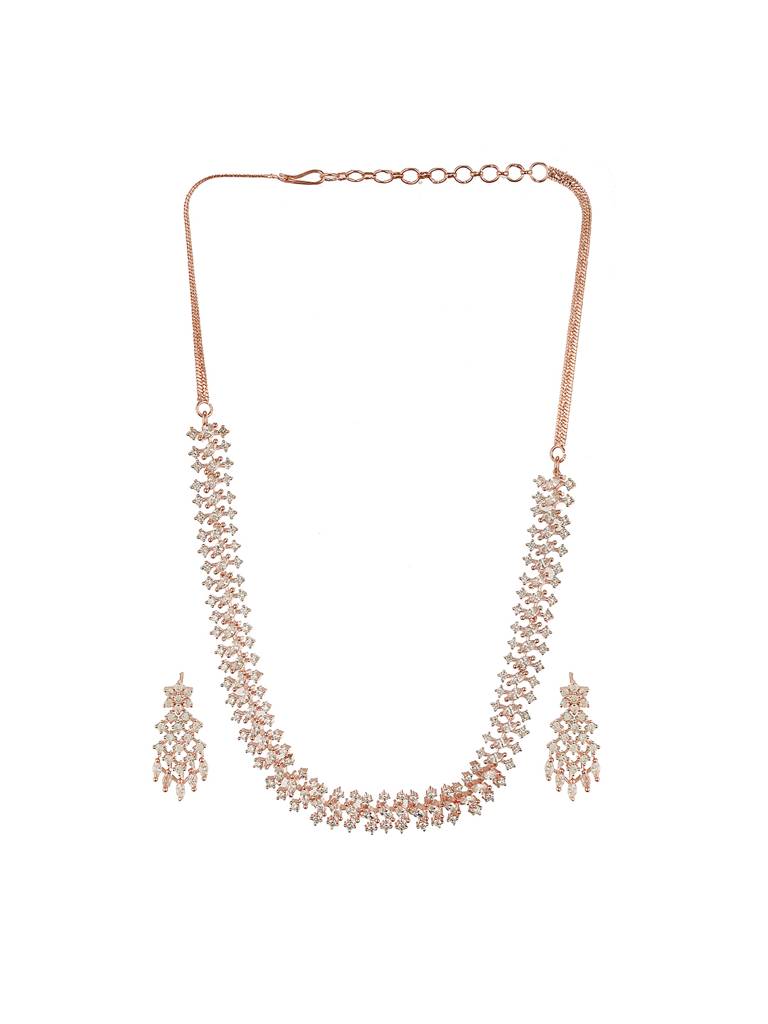 Rose Gold Plated Cubic Zircon Studded Statement Choker Necklace Jewellery Set : SJNK2684