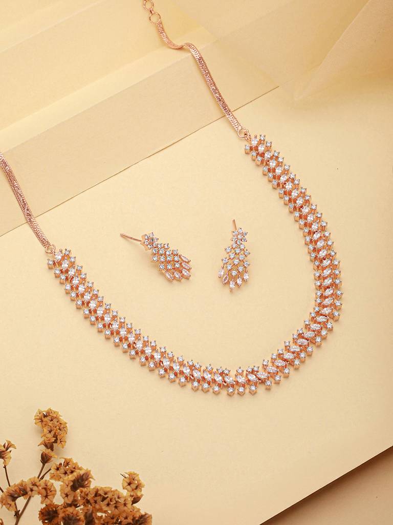 Rose Gold Plated Cubic Zircon Studded Statement Choker Necklace Jewellery  Set Brass Rose Gold