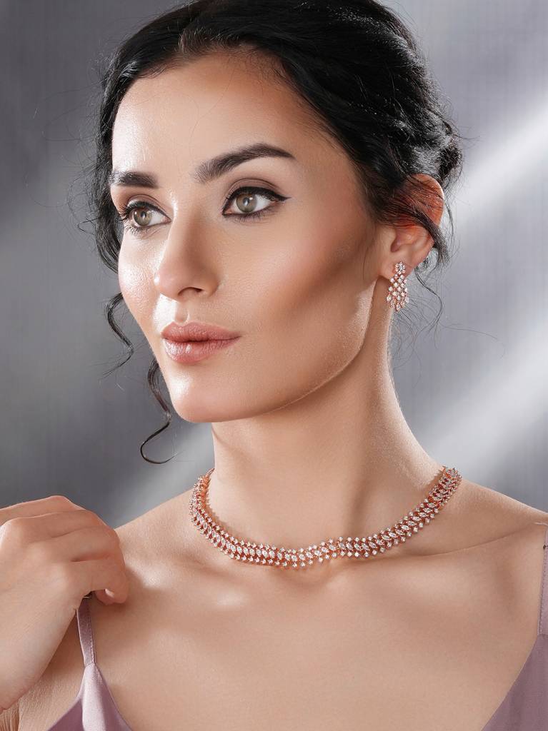 Rose Gold Plated Cubic Zircon Studded Statement Choker Necklace Jewellery Set : SJNK2684