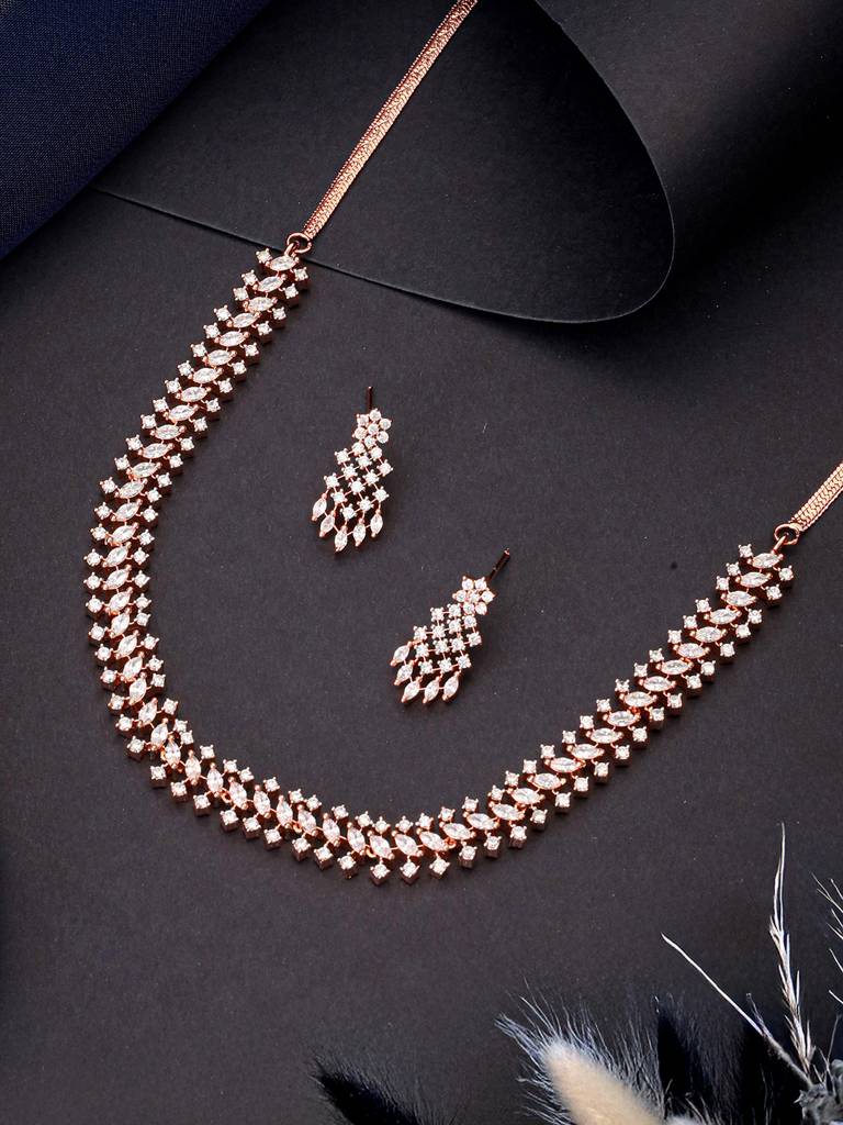 Rose Gold Plated Cubic Zircon Studded Statement Choker Necklace Jewellery Set : SJNK2684