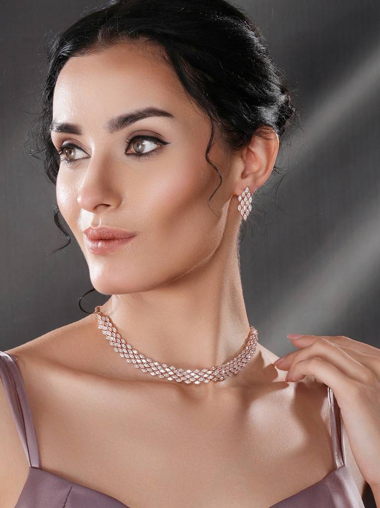 Rose Gold Toned Cubic Zircon Studded Statement Necklace Jewellery Set : SJNK2685