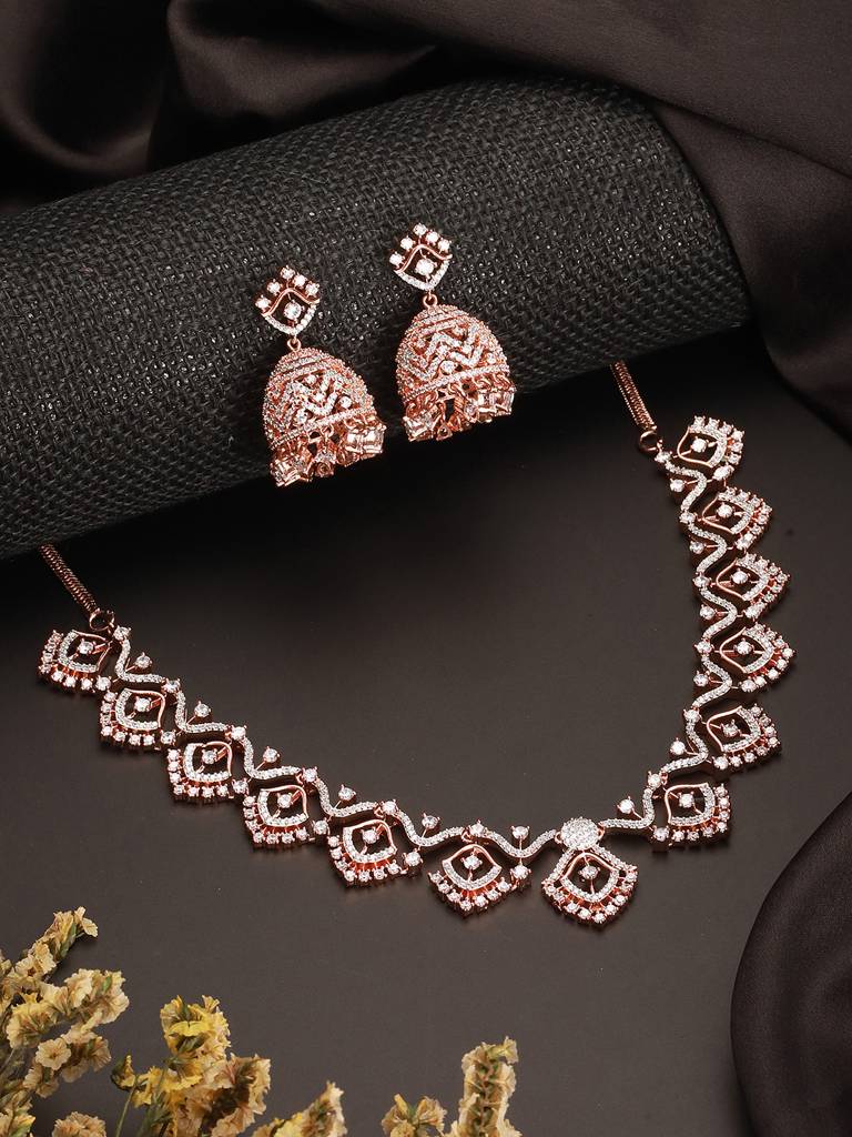 Rose Gold Ad  Studded Statement Designer With  Classic Jhumka Earrings Necklace Jewellery Set : SJNK2686