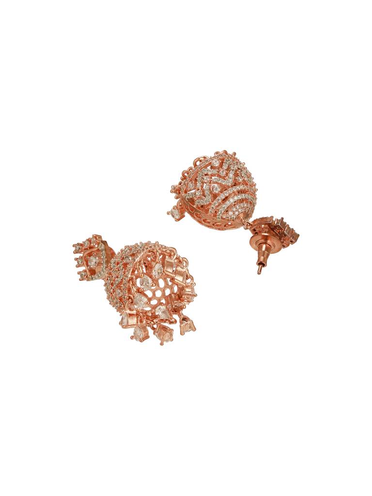 Rose Gold Ad  Studded Statement Designer With  Classic Jhumka Earrings Necklace Jewellery Set : SJNK2686