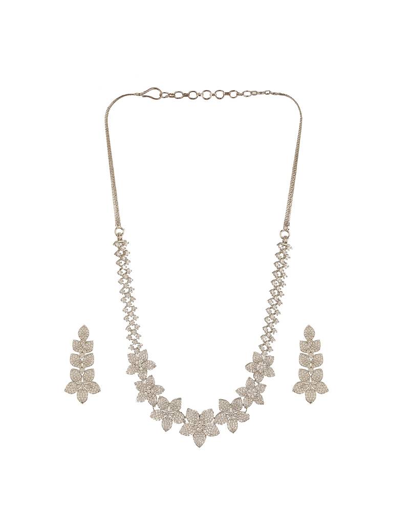 White Rhodium Plated Cubic Zircon Studded Statement Floral Luxe Necklace Jewellery Set : SJNK2688