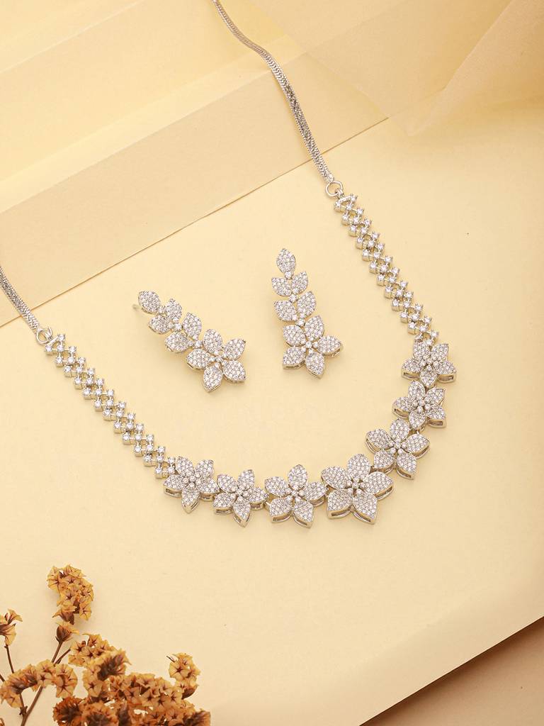 White Rhodium Plated Cubic Zircon Studded Statement Floral Luxe Necklace Jewellery Set : SJNK2688