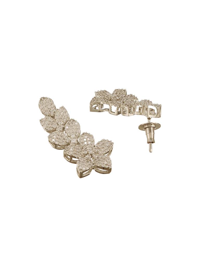 White Rhodium Plated Cubic Zircon Studded Statement Floral Luxe Necklace Jewellery Set : SJNK2688